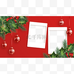 圣诞背景相框图片_圣诞节圣诞圆球绿叶红色相框