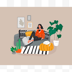 卡通植物场景图片_女孩与猫和咖啡坐在沙发上休息。