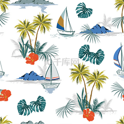 棕榈树背景手绘图片_美丽的热带和无缝图案的矢车菊EPS