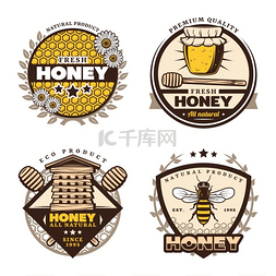 蜜蜂的图片_复古彩色蜂蜜徽章套装