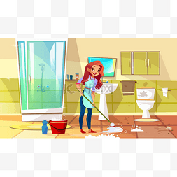 手绘卡通清洁图片_妇女清洁浴室矢量插图