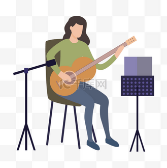 女孩弹吉他演奏表演卡通人物扁平风格