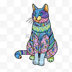 衣服花纹png图片_猫曼陀罗花纹插画风格蓝色