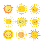 太阳感情用事。有趣的夏日阳光, 阳光宝宝快乐的早晨表情符号。动画片阳光的笑脸向量图标