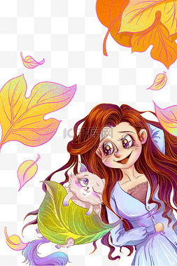 秋天的童话女孩与猫