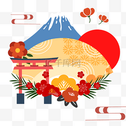 旅游花旗图片_创意鸟居扇子富士山