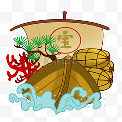 男子冲浪矢量素材图片_宝船日本新年祈福用品卡通风格