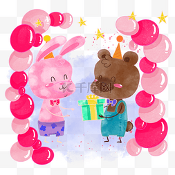 水彩卡通小熊与兔子过生日