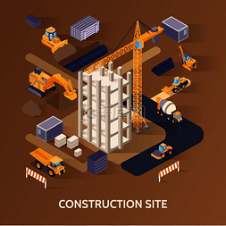 建筑机械图片图片_棕色背景 3d 矢量图上的建筑工地