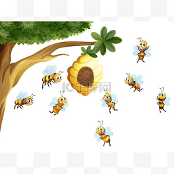 5格蜂巢图片_一棵树与包围蜜蜂的蜂巢