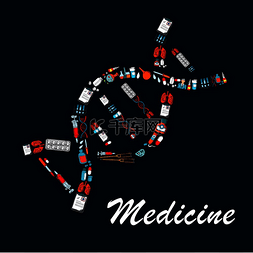 DNA 螺旋符号由药瓶、药丸、注射