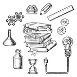 知识和网络教育草图设计将灯泡插入一摞高高的书中周围环绕着烧瓶沙漏齿轮尺子原子和铅笔知识和网络教育示意图图标