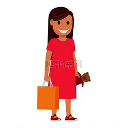 快乐购物背景图片_妇女站立并且拿着袋子和玩具熊在