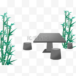 桌植物图片_水墨风方形石桌竹子