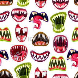 恐怖的吸血鬼图片_可怕的怪物嘴里有牙齿矢量无缝图