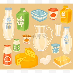 Dairy products on wooden table, milk, vector 