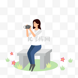 相机拍摄卡通图片_女摄影师坐在石凳上用相机拍照插