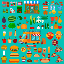 truck图片_Big set of food icons. Food truck. Market
