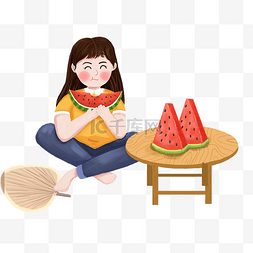 夏季女孩坐在院子里吃西瓜