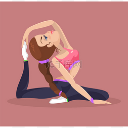 手绘健身哑铃插画图片_女人做瑜伽。矢量平面插画
