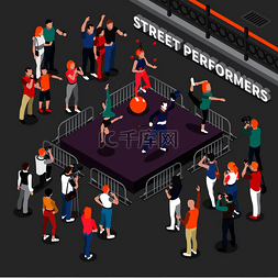 街头艺术家图片_街头表演者等距组合，包括带哑剧