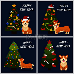 狗新年卡通背景图片_用顽皮的柯基犬制作的新年贺卡用