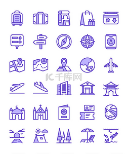 风格icon图片_旅行图标设置礼品日落寺度假胜地