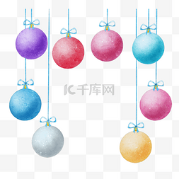 蓝背景新年图片_水彩圣诞蓝丝带彩色装饰球