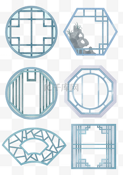手绘扇形图片_唯美古风手绘水彩窗户窗框蓝色手