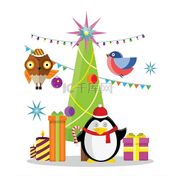 飞的猫头鹰图片_寒假矢量概念平面设计圣诞树里面