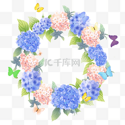 婚礼蓝色水彩绣球花卉边框