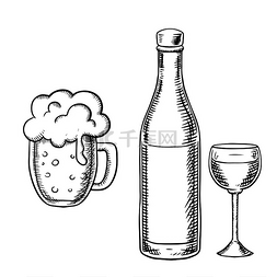 酒吧酒瓶酒杯图片_带高酒杯的酒瓶和带泡沫帽的啤酒