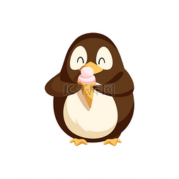 企鹅高兴地吃着锥形矢量中的冰淇