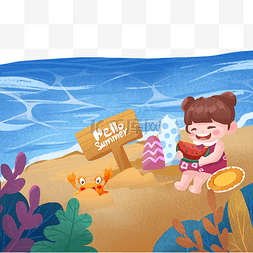 沙滩海水图片_夏天沙滩吃西瓜女孩