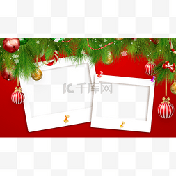 圣诞相框设计素材图片_圣诞节绿色松枝圣诞圆球相框