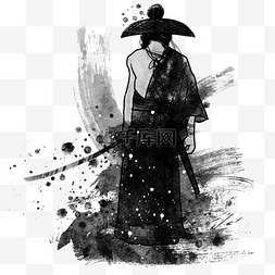 日本武士戴帽水墨风格