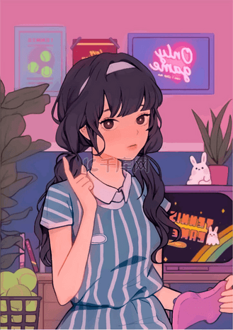 穿着蓝色衣服手里拿着操纵杆的动漫女孩