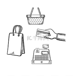 银手图片_购物篮或购物车、纸袋、带信用卡