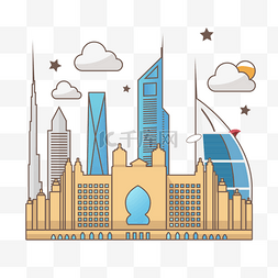 人群剪影金图片_卡通线条迪拜城市剪影
