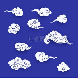 中式卡通海报图片_亚洲白云的集合。一套剪纸卡通云