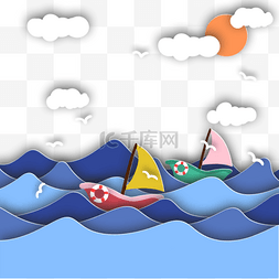剪纸风格海洋帆船航行云层太阳