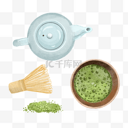 绿色抹茶粉图片_抹茶茶壶水彩