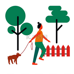 一幅图标图片_一位成年妇女牵着她的小狗散步这