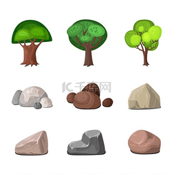 石头和树图片_装饰元素套装公园和花园元素的落