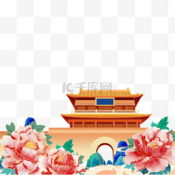 中国风国潮牡丹花建筑