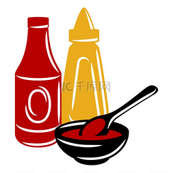 碗的蔬菜图片_烧烤插图配芥末酱和番茄酱。