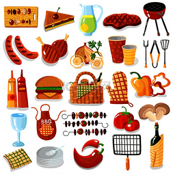 野餐设计图片_烧烤野餐配件时尚多彩的大图标套