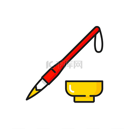 红色画笔刷图片_东方书写的画笔和碗中国书法工具
