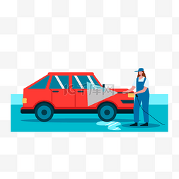 洗车汽车背景图片_汽车和女洗车工扁平风格插画