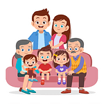 幸福的笑脸夫妇和他们的成年子女、孙子孙女和孙子孙女在家里的起居室里聚会。四代联合家庭卡通矢量插画